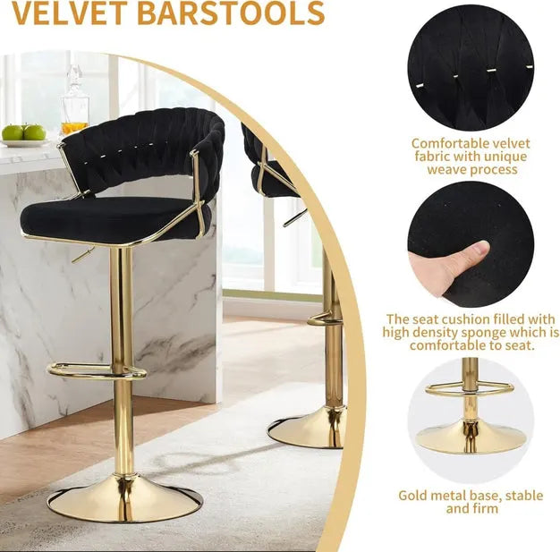 2x Height Black Velvet Padded Golden Round Base Barstools Chairs - Image 7
