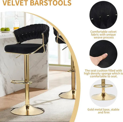 2x Height Black Velvet Padded Golden Round Base Barstools Chairs - Image 7