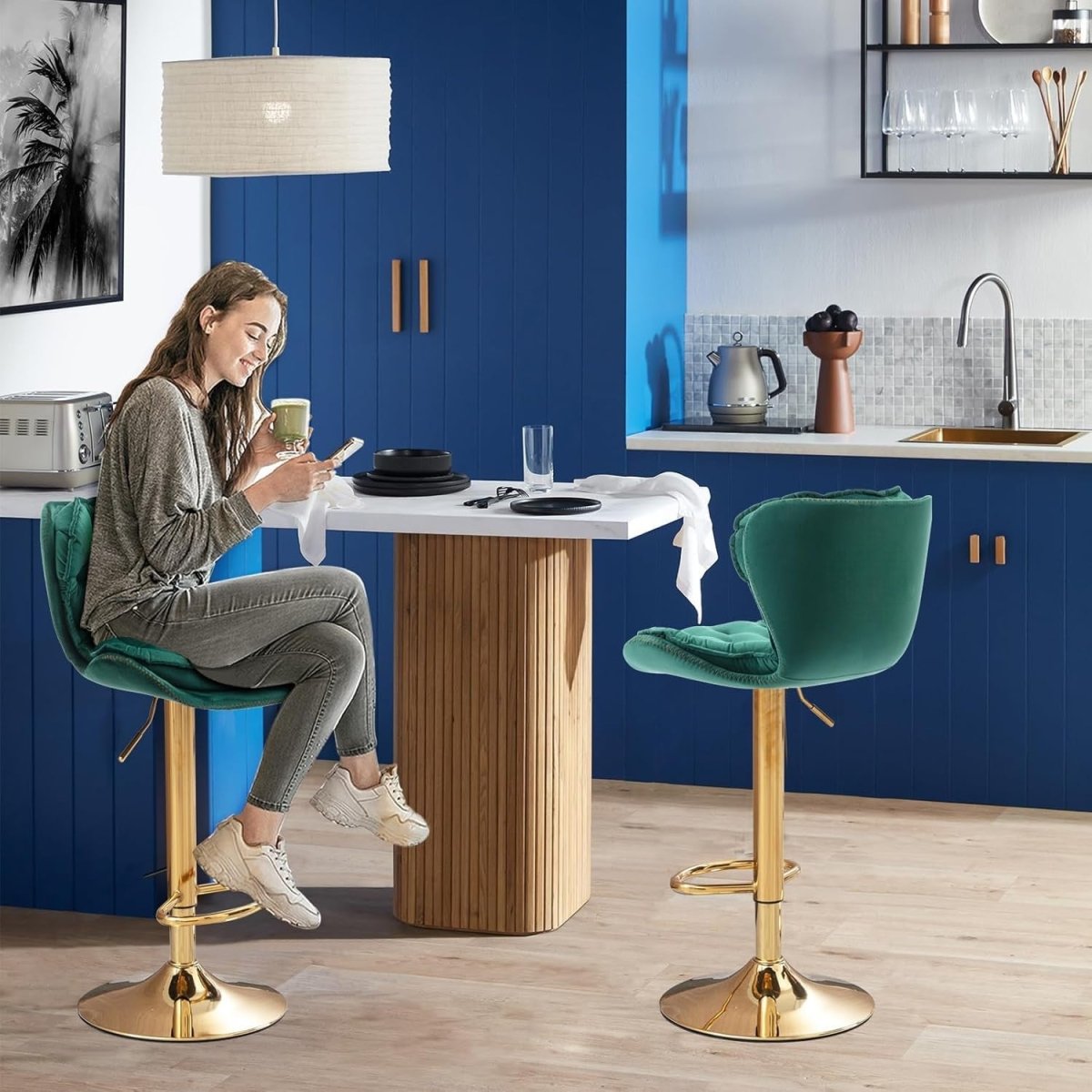 SERENITà Swivel Bar Stools Set of 2 Counter Height Barstools with Back Velvet Upholstered Adjustable Stool Chair Min Century Modern Bar Stool for Kitchen Island (Emerald Green) - Image 2