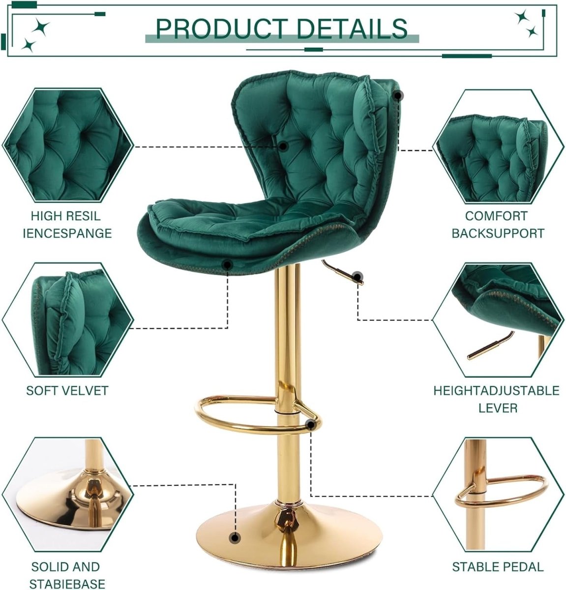SERENITà Swivel Bar Stools Set of 2 Counter Height Barstools with Back Velvet Upholstered Adjustable Stool Chair Min Century Modern Bar Stool for Kitchen Island (Emerald Green) - Image 5