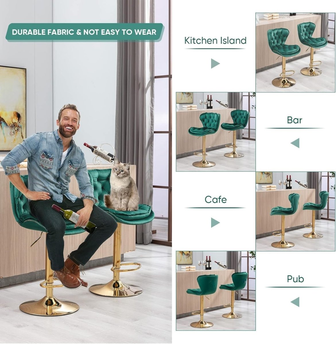 SERENITà Swivel Bar Stools Set of 2 Counter Height Barstools with Back Velvet Upholstered Adjustable Stool Chair Min Century Modern Bar Stool for Kitchen Island (Emerald Green) - Image 6