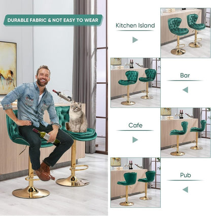 SERENITà Swivel Bar Stools Set of 2 Counter Height Barstools with Back Velvet Upholstered Adjustable Stool Chair Min Century Modern Bar Stool for Kitchen Island (Emerald Green) - Image 6