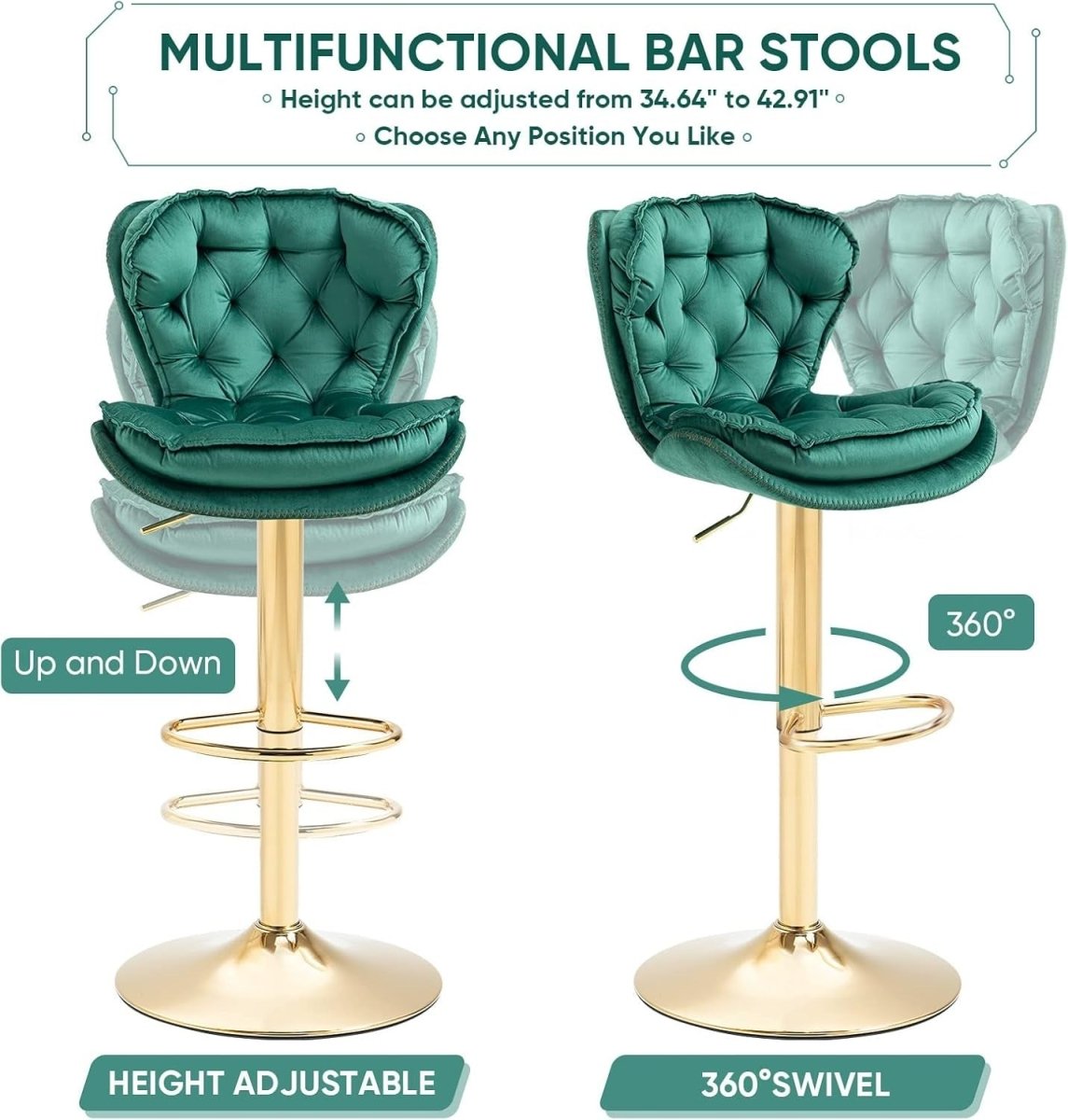 SERENITà Swivel Bar Stools Set of 2 Counter Height Barstools with Back Velvet Upholstered Adjustable Stool Chair Min Century Modern Bar Stool for Kitchen Island (Emerald Green) - Image 8
