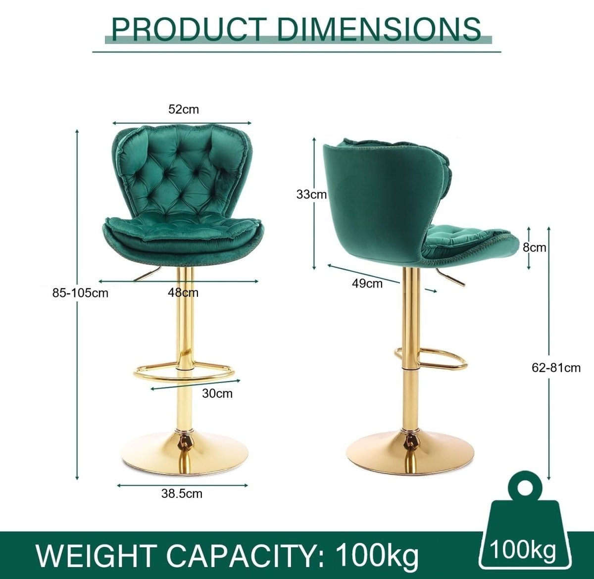 SERENITà Swivel Bar Stools Set of 2 Counter Height Barstools with Back Velvet Upholstered Adjustable Stool Chair Min Century Modern Bar Stool for Kitchen Island (Emerald Green) - Image 9