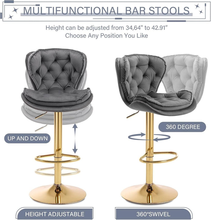 SERENITà Swivel Bar Stools Set of 2 Counter Height Barstools with Back Velvet Upholstered Adjustable Stool Chair Min Century Modern Bar Stool for Kitchen Island (Grey) - Image 3