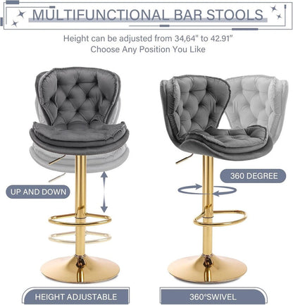 SERENITà Swivel Bar Stools Set of 2 Counter Height Barstools with Back Velvet Upholstered Adjustable Stool Chair Min Century Modern Bar Stool for Kitchen Island (Grey) - Image 3