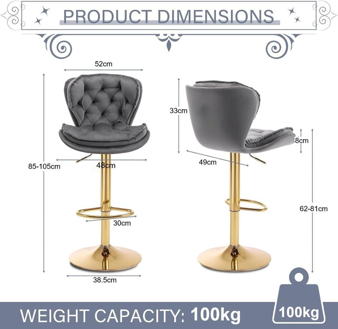 SERENITà Swivel Bar Stools Set of 2 Counter Height Barstools with Back Velvet Upholstered Adjustable Stool Chair Min Century Modern Bar Stool for Kitchen Island (Grey) - Image 5