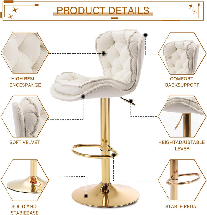 SERENITà Swivel Bar Stools Set of 2 Counter Height Barstools with Back Velvet Upholstered Adjustable Stool Chair Min Century Modern Bar Stool for Kitchen Island (Ivory) - Image 6