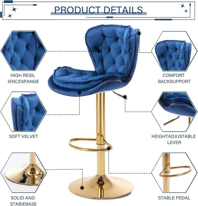 SERENITà Swivel Bar Stools Set of 2 Counter Height Barstools with Back Velvet Upholstered Adjustable Stool Chair Mid Century Modern Bar Stool for Kitchen Island (Navy Blue) - Image 4