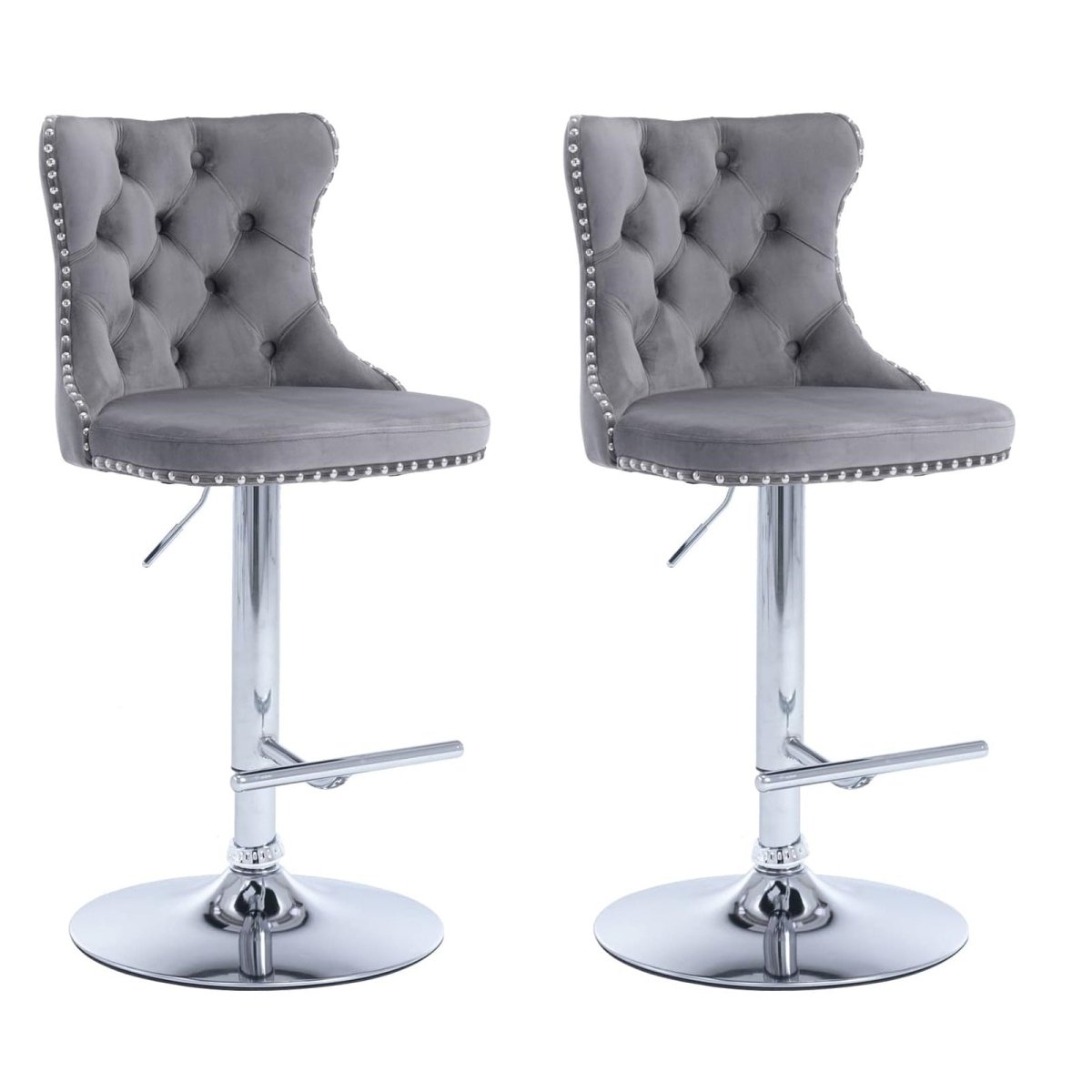 SERENITà Gray Velvet Bar Stools Adjustable Swivel Counter Height Chairs with Tufted Back and Nailhead Trim for Kitchen Island Pub Restaurant (2Pcs, Chrome Metal, Grey) - Image 3