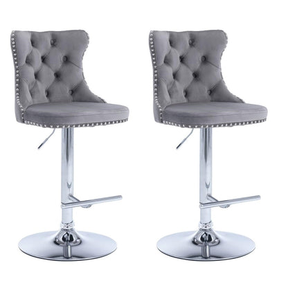SERENITà Gray Velvet Bar Stools Adjustable Swivel Counter Height Chairs with Tufted Back and Nailhead Trim for Kitchen Island Pub Restaurant (2Pcs, Chrome Metal, Grey) - Image 3