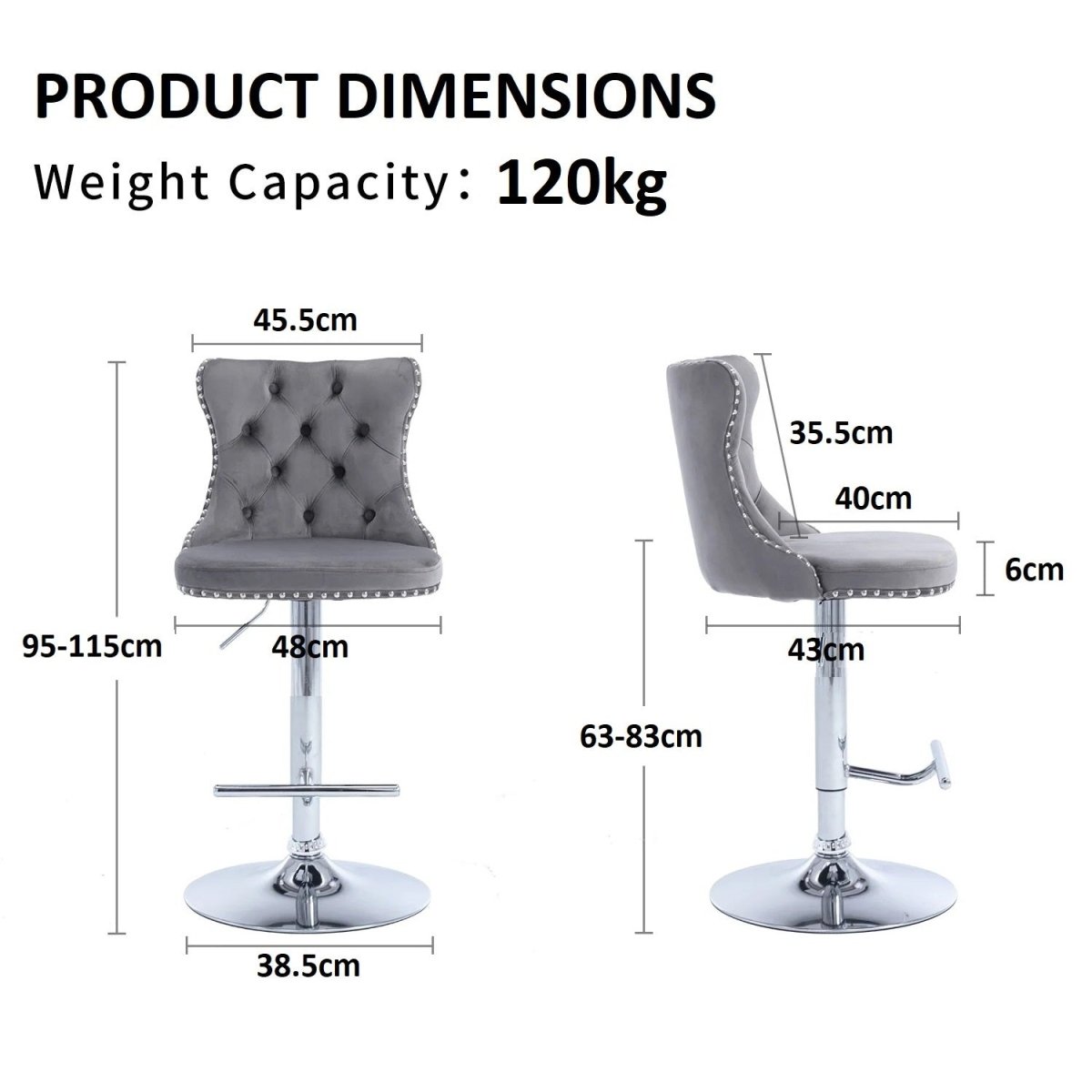 SERENITà Gray Velvet Bar Stools Adjustable Swivel Counter Height Chairs with Tufted Back and Nailhead Trim for Kitchen Island Pub Restaurant (2Pcs, Chrome Metal, Grey) - Image 4