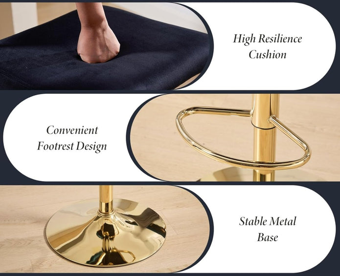 SERENITà  2x Velvet Bar Stools with Braided Back Elegant Kitchen High Chairs, Kitchen Island Stools Adjustable Height Swivel Bar Chairs with Gold Legs for Home-Black - Image 2
