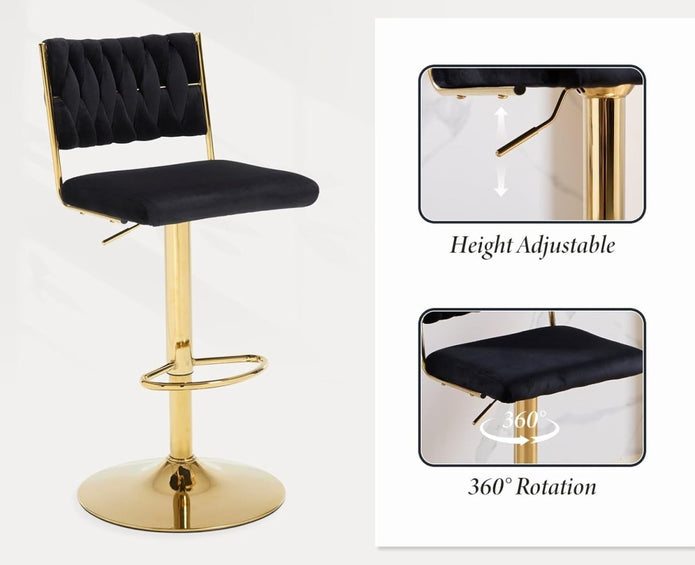 SERENITà  2x Velvet Bar Stools with Braided Back Elegant Kitchen High Chairs, Kitchen Island Stools Adjustable Height Swivel Bar Chairs with Gold Legs for Home-Black - Image 3