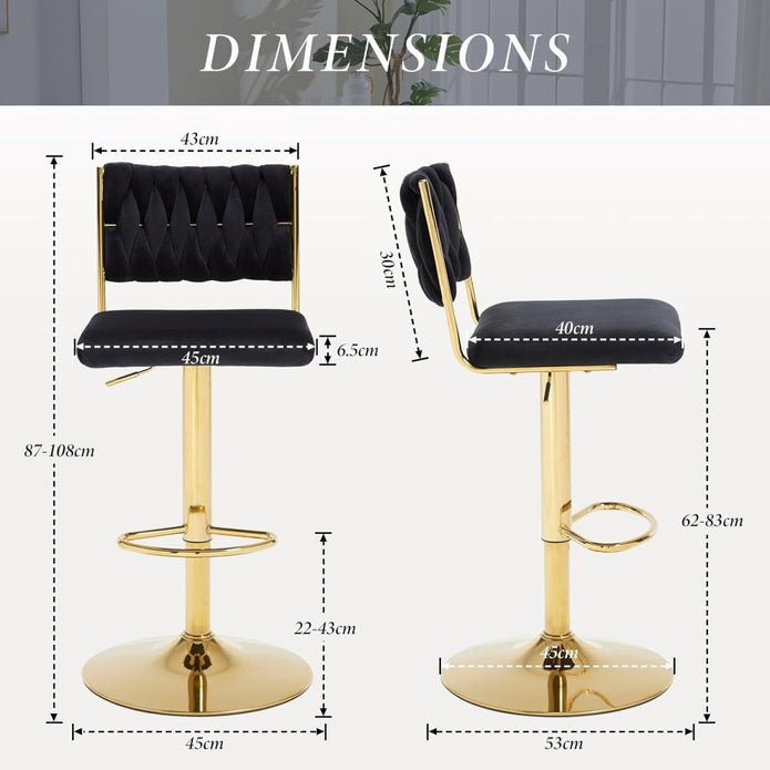 SERENITà  2x Velvet Bar Stools with Braided Back Elegant Kitchen High Chairs, Kitchen Island Stools Adjustable Height Swivel Bar Chairs with Gold Legs for Home-Black - Image 4