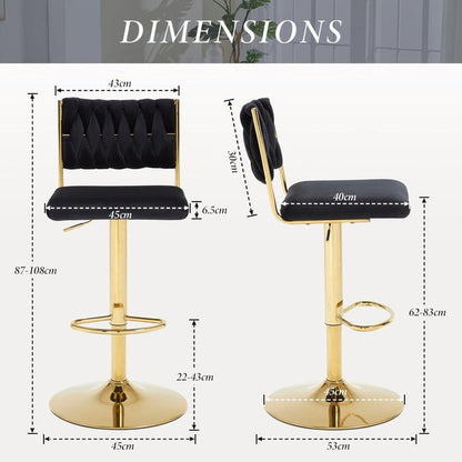 SERENITà  2x Velvet Bar Stools with Braided Back Elegant Kitchen High Chairs, Kitchen Island Stools Adjustable Height Swivel Bar Chairs with Gold Legs for Home-Black - Image 4