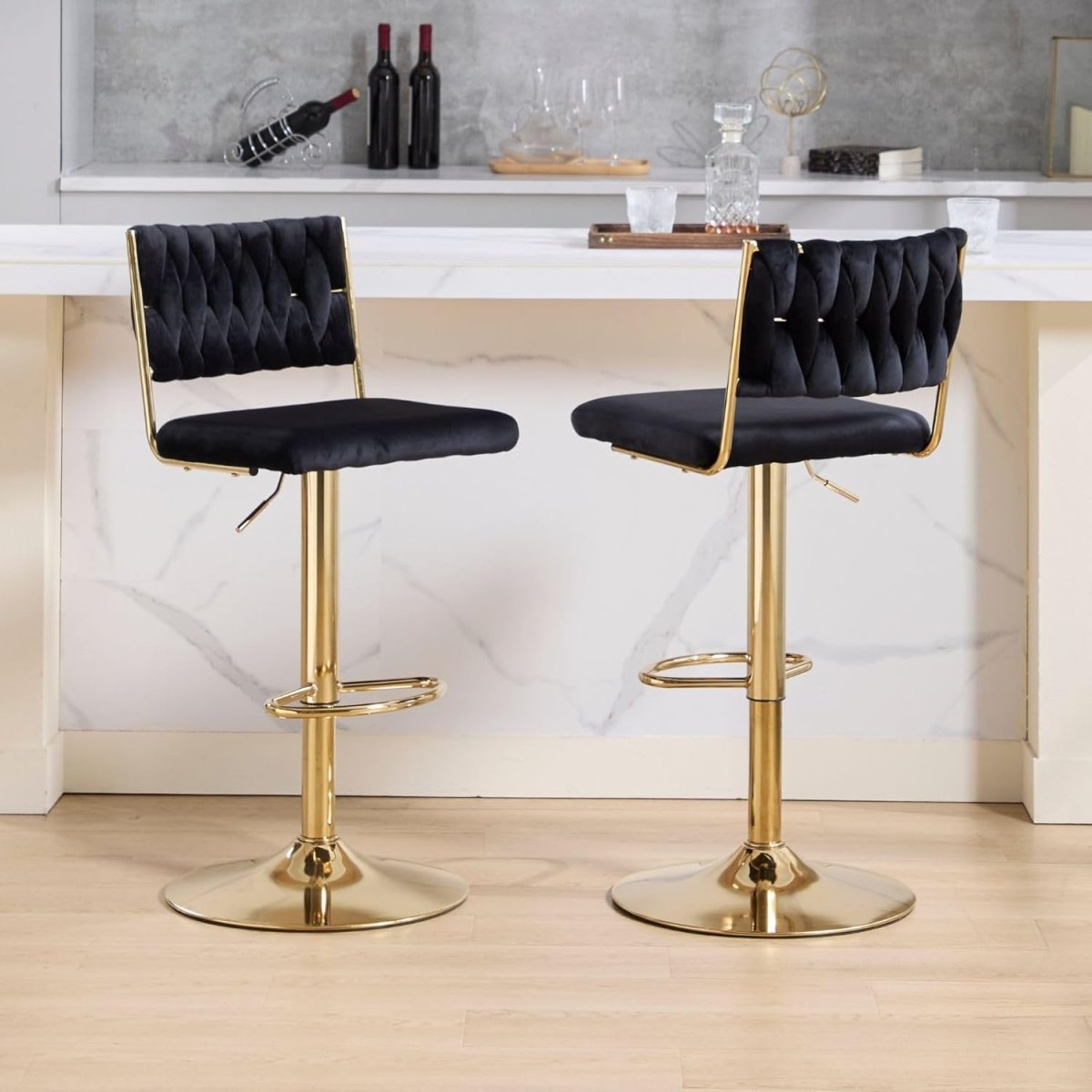 SERENITà  2x Velvet Bar Stools with Braided Back Elegant Kitchen High Chairs, Kitchen Island Stools Adjustable Height Swivel Bar Chairs with Gold Legs for Home-Black - Image 5