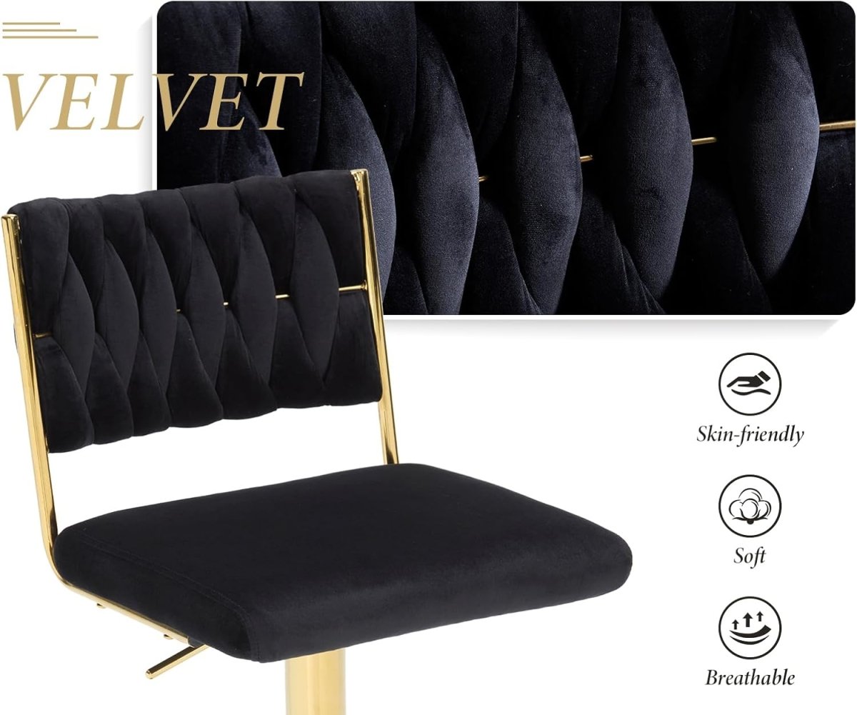 SERENITà  2x Velvet Bar Stools with Braided Back Elegant Kitchen High Chairs, Kitchen Island Stools Adjustable Height Swivel Bar Chairs with Gold Legs for Home-Black - Image 6
