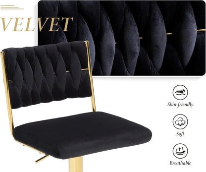SERENITà  2x Velvet Bar Stools with Braided Back Elegant Kitchen High Chairs, Kitchen Island Stools Adjustable Height Swivel Bar Chairs with Gold Legs for Home-Black - Image 6