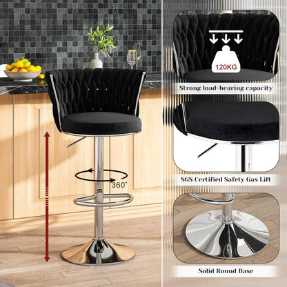 SERENITà Modern Silver Swivel Upholstered Velvet Adjustable Height Counter Stool with Metal Frame Black (Set of 2) - Image 3