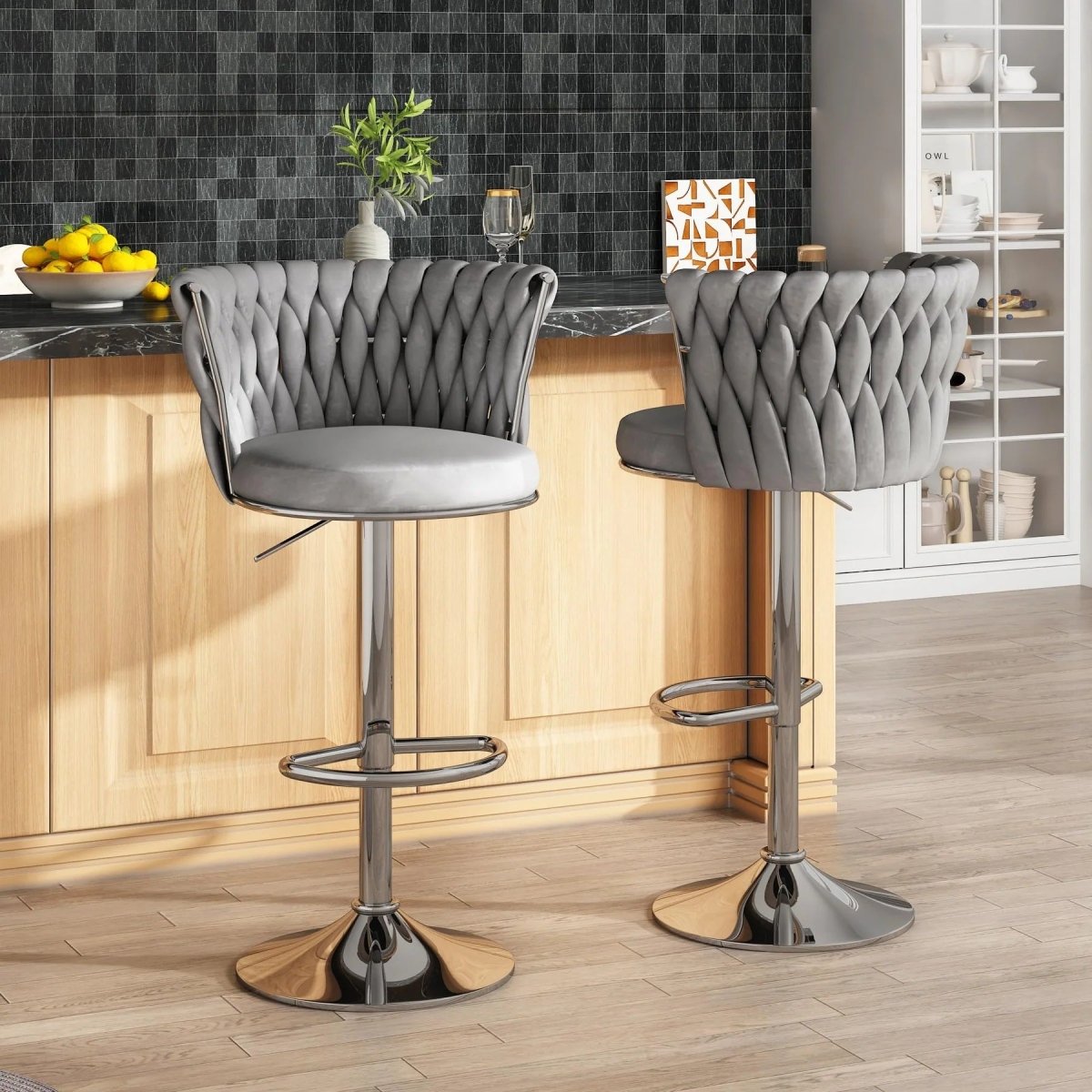 SERENITà Modern Silver Swivel Upholstered Velvet Adjustable Height Counter Stool with Metal Frame Grey (Set of 2) - Image 2