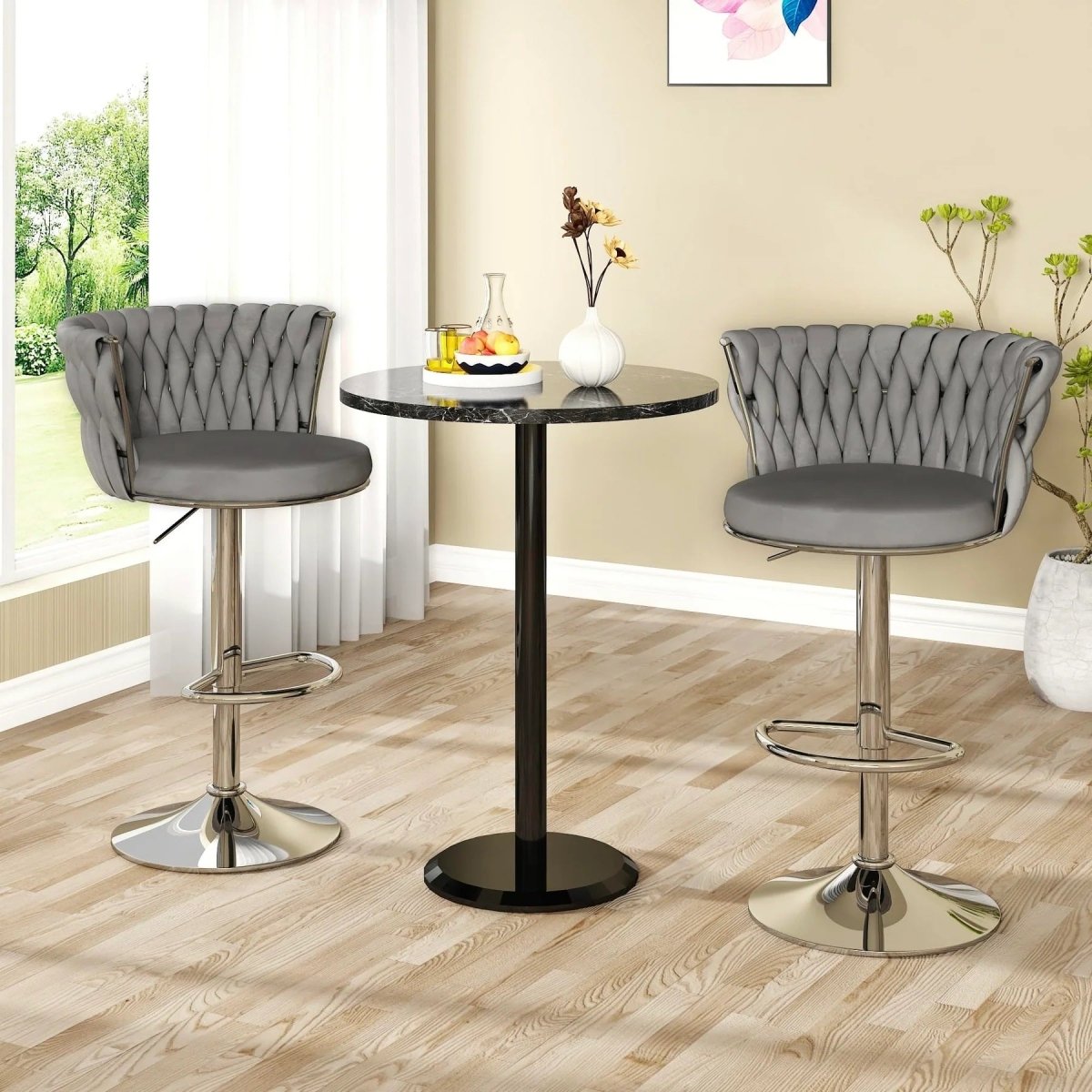 SERENITà Modern Silver Swivel Upholstered Velvet Adjustable Height Counter Stool with Metal Frame Grey (Set of 2) - Image 3