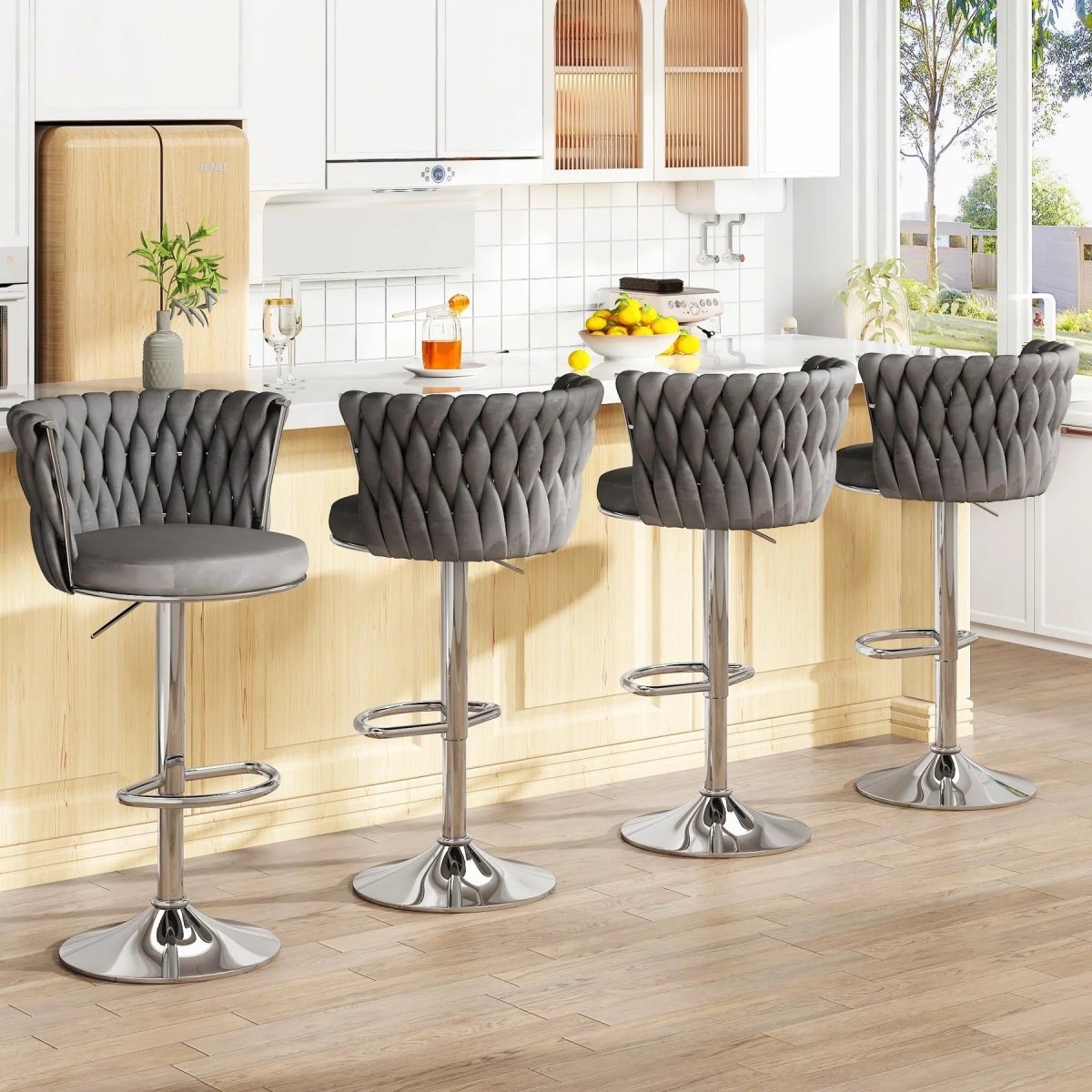 SERENITà Modern Silver Swivel Upholstered Velvet Adjustable Height Counter Stool with Metal Frame Grey (Set of 2) - Image 4