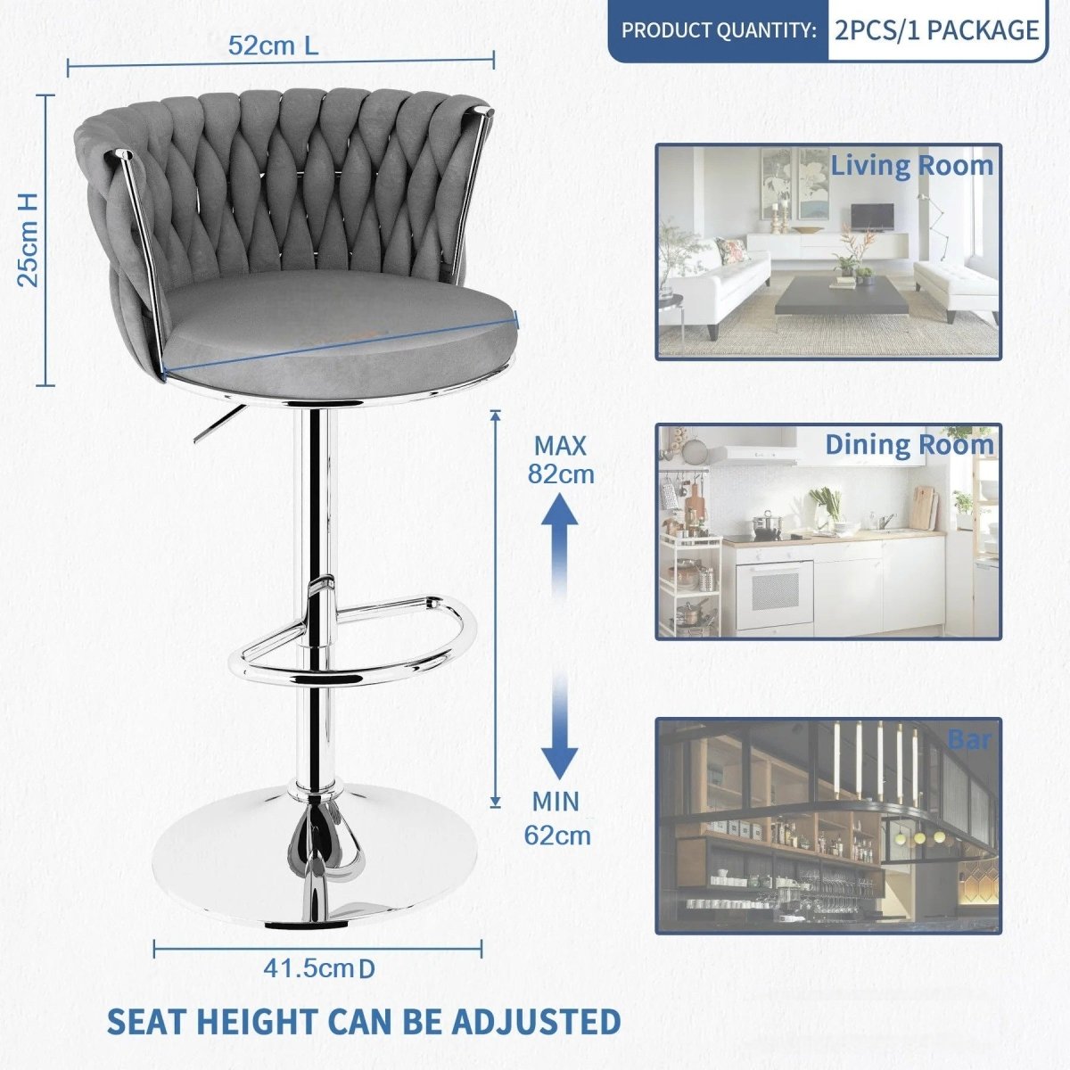 SERENITà Modern Silver Swivel Upholstered Velvet Adjustable Height Counter Stool with Metal Frame Grey (Set of 2) - Image 6