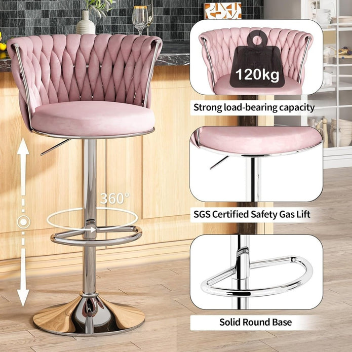 SERENITà Modern Silver Swivel Upholstered Velvet Adjustable Height Counter Stool with Metal Frame Pink (Set of 2) - Image 2