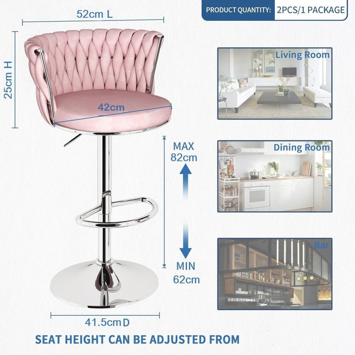 SERENITà Modern Silver Swivel Upholstered Velvet Adjustable Height Counter Stool with Metal Frame Pink (Set of 2) - Image 4