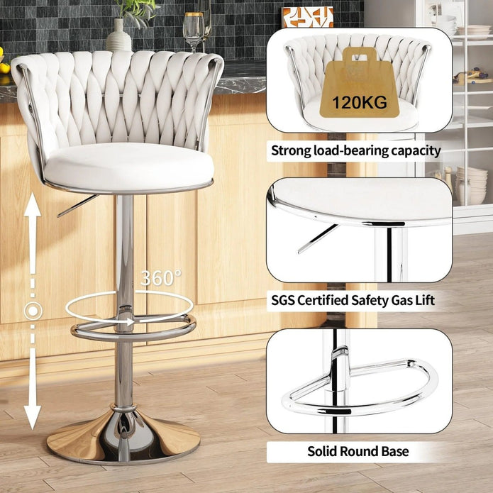SERENITà Modern Silver Swivel Upholstered Velvet Adjustable Height Counter Stool with Metal Frame White (Set of 2) - Image 3
