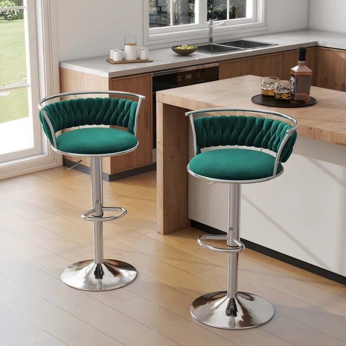 SERENITà Silver Swivel Upholstered Velvet Adjustable Height Counter Stool with Metal Frame Emerald Green (Set of 2) - Image 2