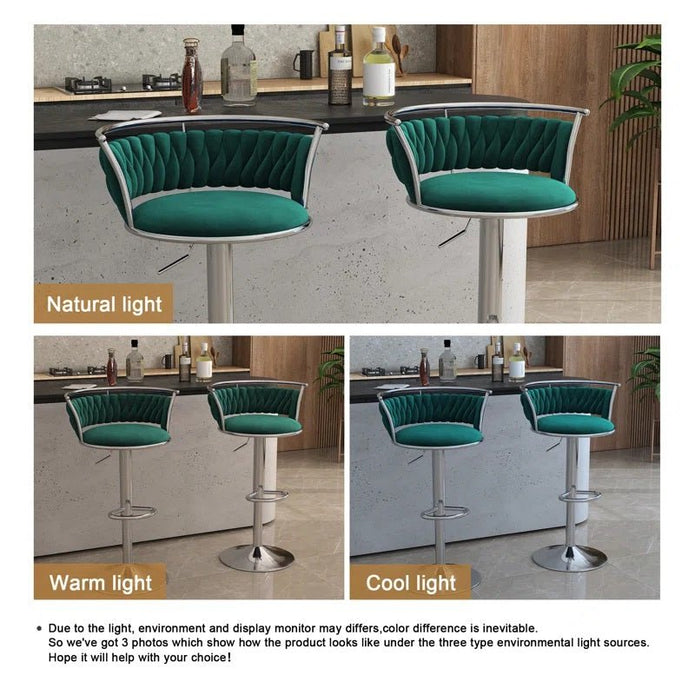 SERENITà Silver Swivel Upholstered Velvet Adjustable Height Counter Stool with Metal Frame Emerald Green (Set of 2) - Image 4