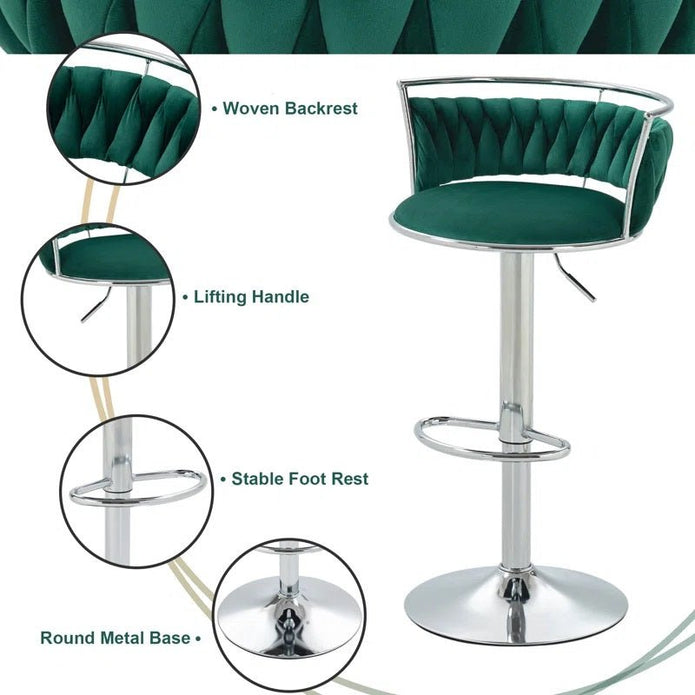 SERENITà Silver Swivel Upholstered Velvet Adjustable Height Counter Stool with Metal Frame Emerald Green (Set of 2) - Image 5