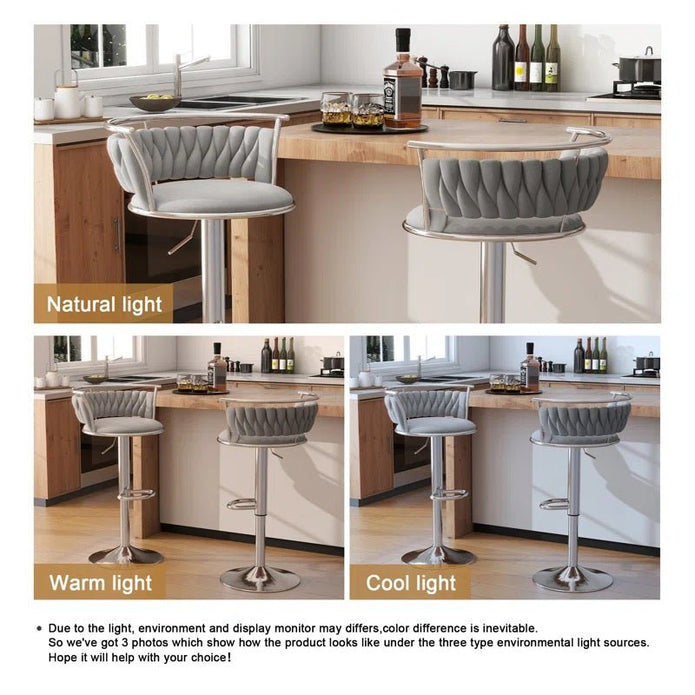 SERENITà Silver Swivel Upholstered Velvet Adjustable Height Counter Stool with Metal Frame Grey (Set of 2) - Image 3