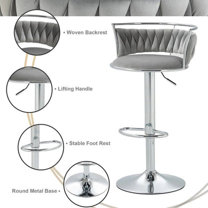 SERENITà Silver Swivel Upholstered Velvet Adjustable Height Counter Stool with Metal Frame Grey (Set of 2) - Image 4