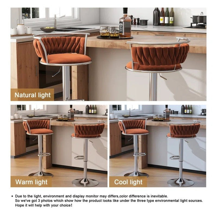 SERENITà Silver Swivel Upholstered Velvet Adjustable Height Counter Stool with Metal Frame Orange (Set of 2) - Image 3