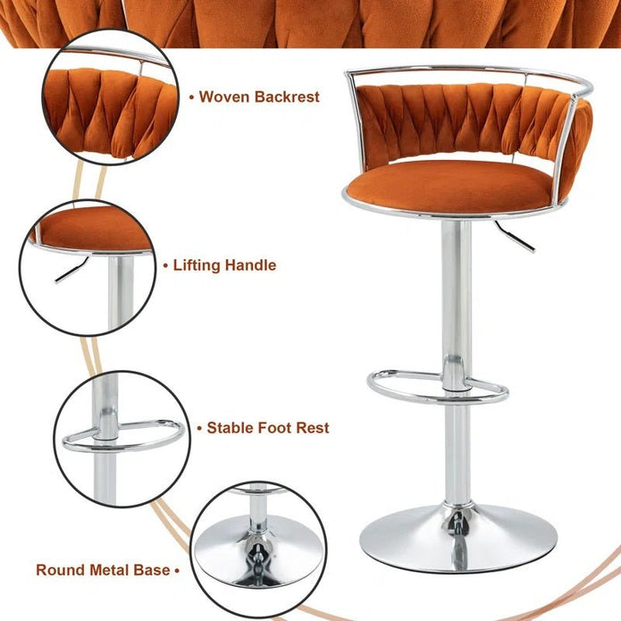 SERENITà Silver Swivel Upholstered Velvet Adjustable Height Counter Stool with Metal Frame Orange (Set of 2) - Image 4