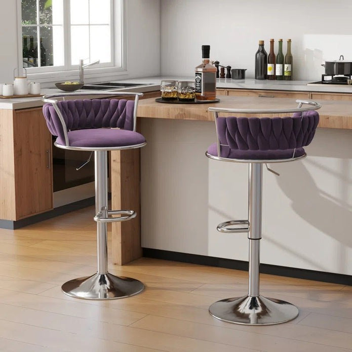SERENITà Silver Swivel Upholstered Velvet Adjustable Height Counter Stool with Metal Frame Voilet (Set of 2) - Image 2