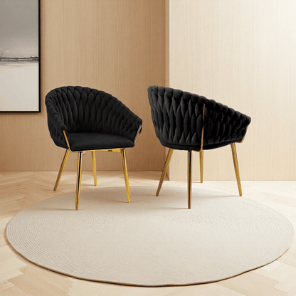SERENITà Black Modern Velvet Dining Chairs, Upholstered Living Room Chair with Woven Back and Golden Metal Legs, Mid-Century Accent Set of 2(BLACK) - Image 2