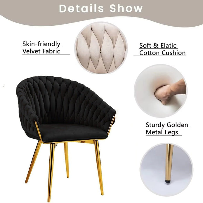 SERENITà Black Modern Velvet Dining Chairs, Upholstered Living Room Chair with Woven Back and Golden Metal Legs, Mid-Century Accent Set of 2(BLACK) - Image 4