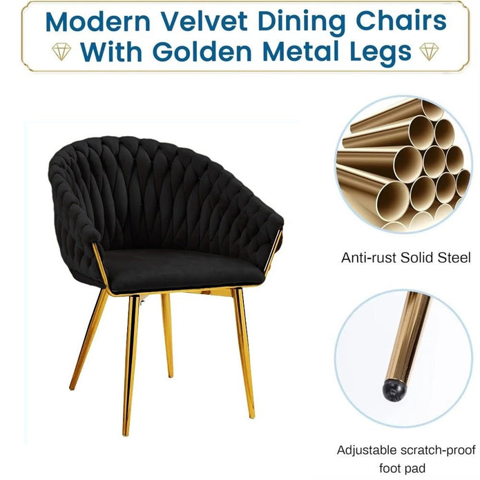 SERENITà Black Modern Velvet Dining Chairs, Upholstered Living Room Chair with Woven Back and Golden Metal Legs, Mid-Century Accent Set of 2(BLACK) - Image 5