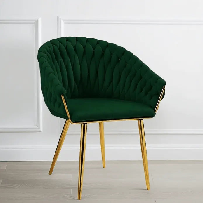 SERENITà Emerald Green Modern Velvet Dining Chairs, Upholstered Living Room Chair with Woven Back and Golden Metal Legs, Mid-Century Accent Set of 2(GREEN) - Image 2