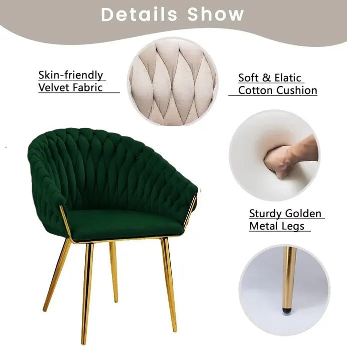 SERENITà Emerald Green Modern Velvet Dining Chairs, Upholstered Living Room Chair with Woven Back and Golden Metal Legs, Mid-Century Accent Set of 2(GREEN) - Image 5