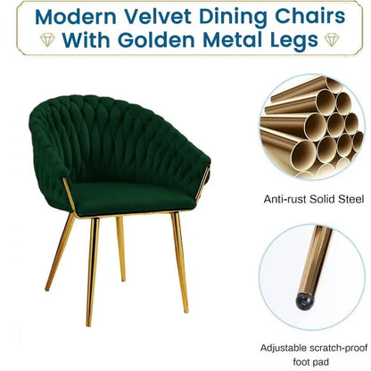 SERENITà Emerald Green Modern Velvet Dining Chairs, Upholstered Living Room Chair with Woven Back and Golden Metal Legs, Mid-Century Accent Set of 2(GREEN) - Image 7