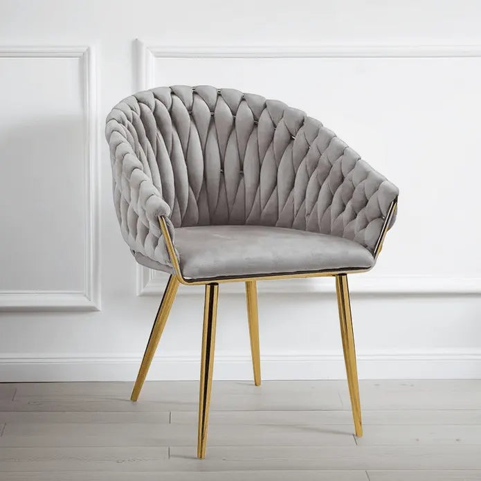 SERENITà Grey Modern Velvet Dining Chairs, Upholstered Living Room Chair with Woven Back and Golden Metal Legs, Mid-Century Accent Set of 2(Grey) - Image 2