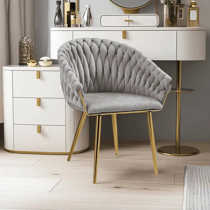 SERENITà Grey Modern Velvet Dining Chairs, Upholstered Living Room Chair with Woven Back and Golden Metal Legs, Mid-Century Accent Set of 2(Grey) - Image 3
