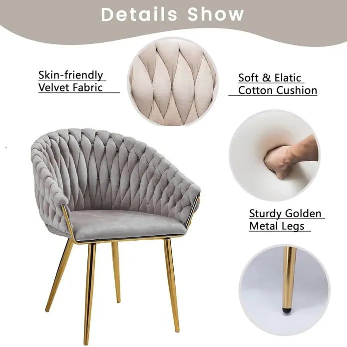 SERENITà Grey Modern Velvet Dining Chairs, Upholstered Living Room Chair with Woven Back and Golden Metal Legs, Mid-Century Accent Set of 2(Grey) - Image 5