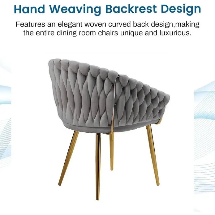 SERENITà Grey Modern Velvet Dining Chairs, Upholstered Living Room Chair with Woven Back and Golden Metal Legs, Mid-Century Accent Set of 2(Grey) - Image 6