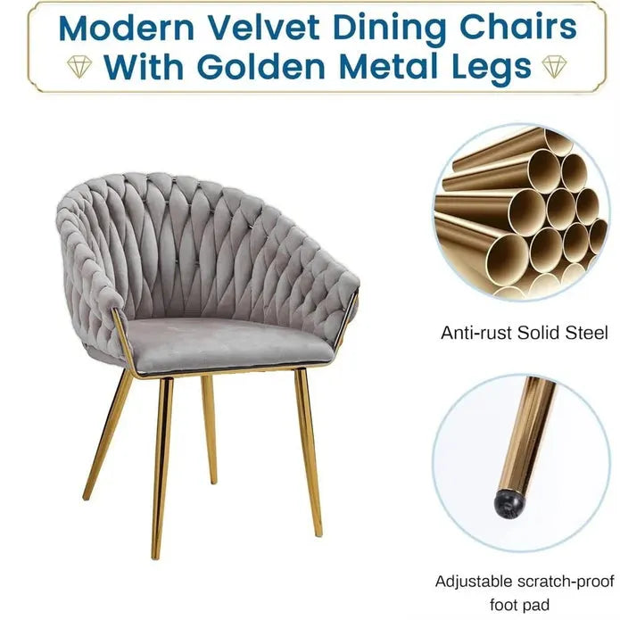 SERENITà Grey Modern Velvet Dining Chairs, Upholstered Living Room Chair with Woven Back and Golden Metal Legs, Mid-Century Accent Set of 2(Grey) - Image 7